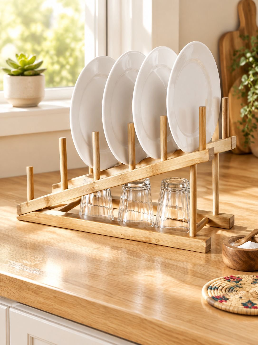 Escurridor y Organizador de Platos de Bambú para Cocina
