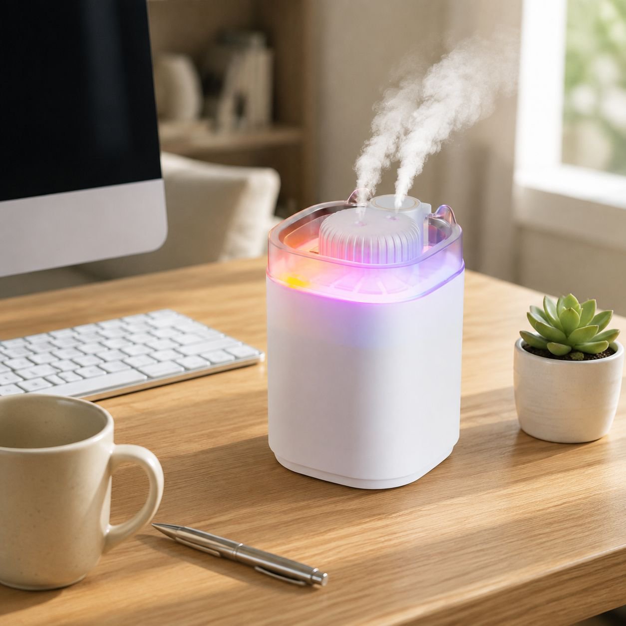 Modern colorful ambient lamp with large humidifier and triple nozzle sprayer