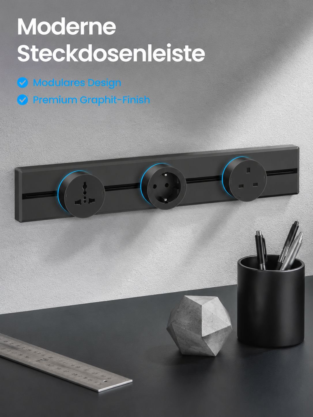 Multifunktionale Steckdosenleiste für den Tisch mit Schiene