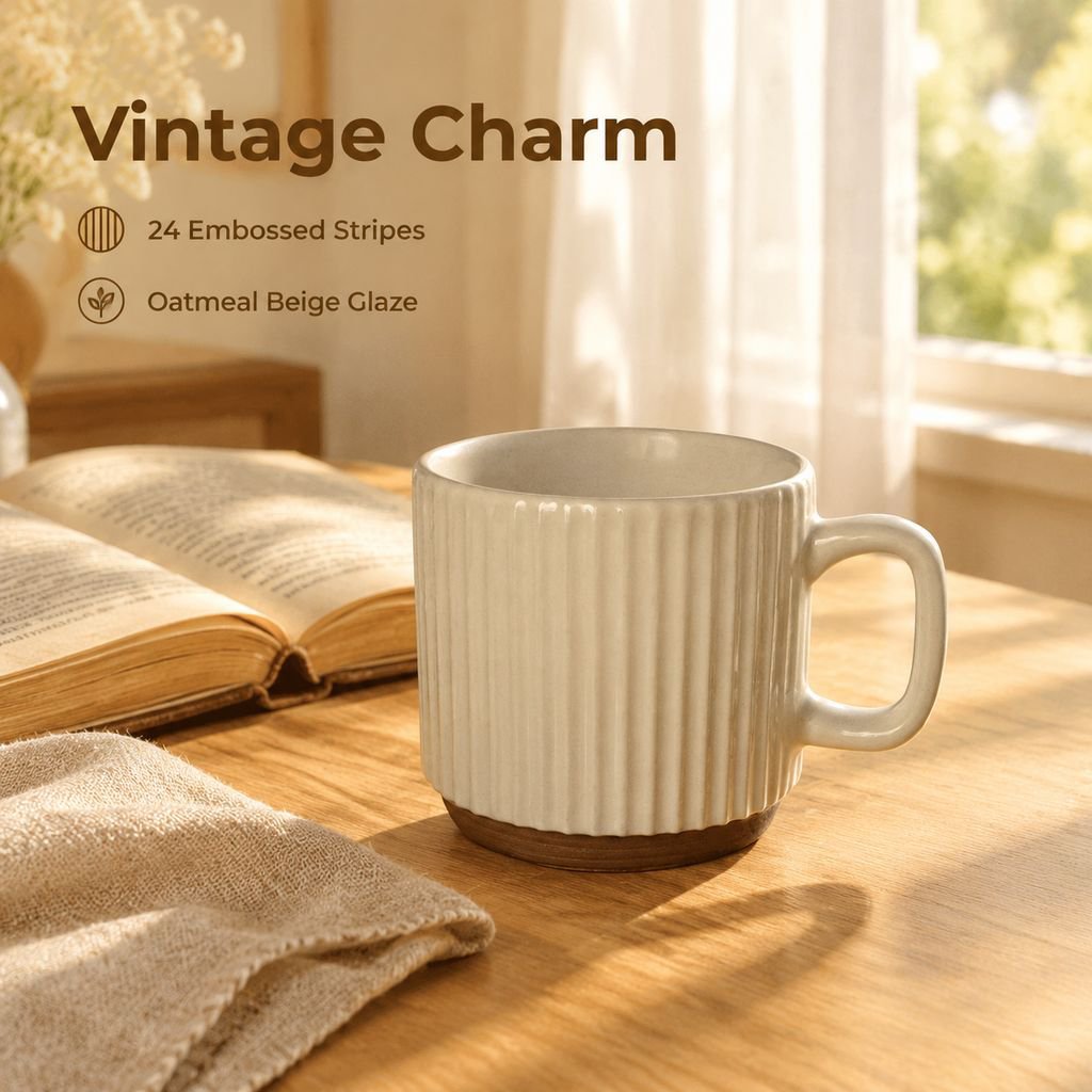 Retro Beige Vertical Stripe Stacking Mug - Creative Ceramic Coffee Cup