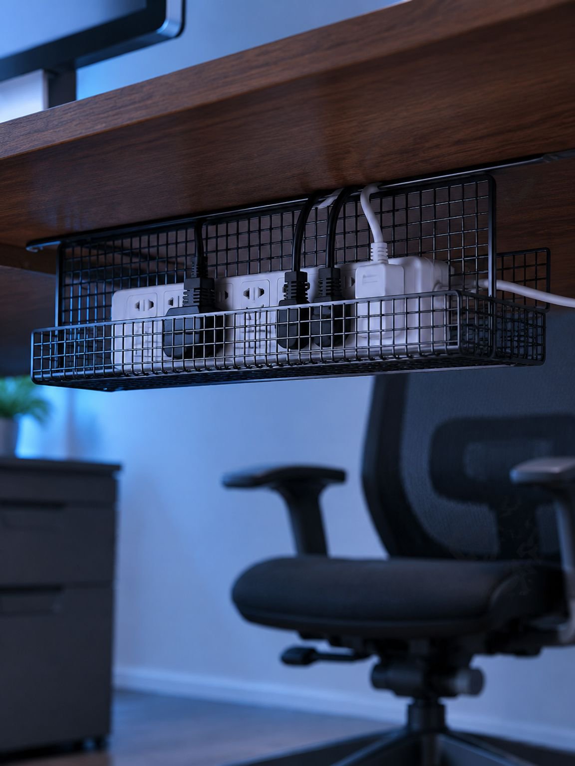 Workspace cable management accessory shown beneath a desk