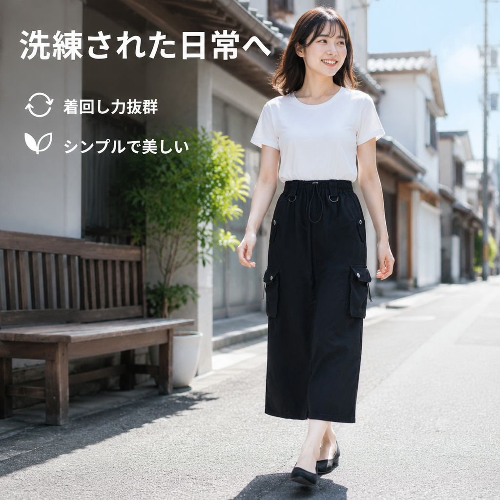 夏新作ハイウエストゆったりAラインブラックワークロングスカート