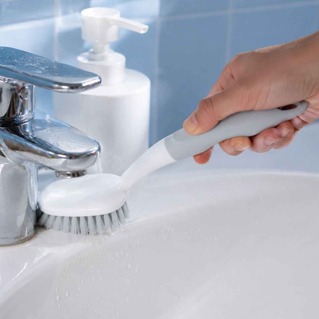 Square multi-functional toilet tile cleaning brush in use