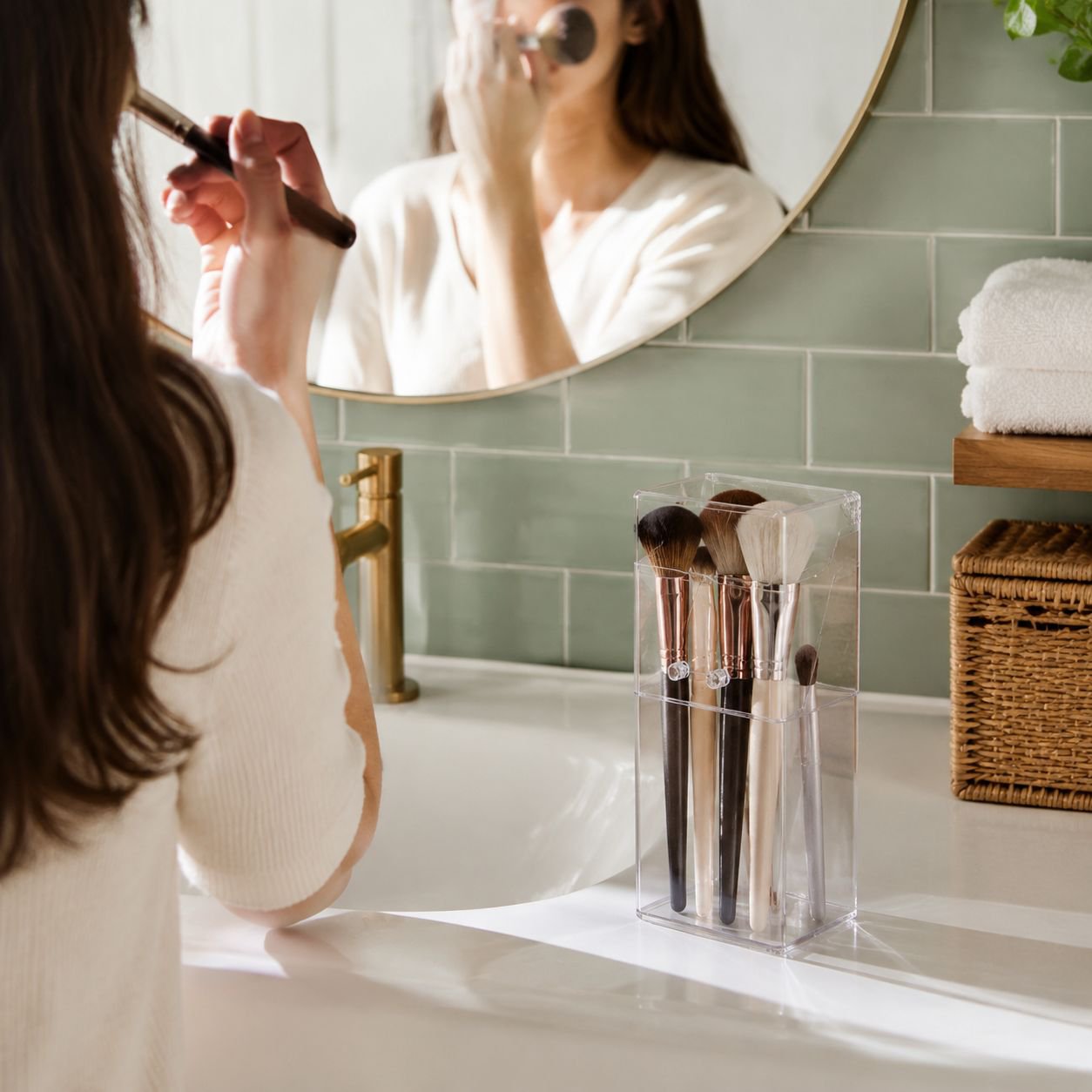 Makeup brush holder with mirror, perfect for organization