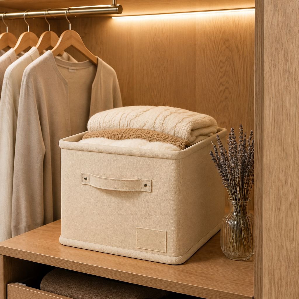 Grande boîte de rangement en coton/lin avec poignée pour vêtements