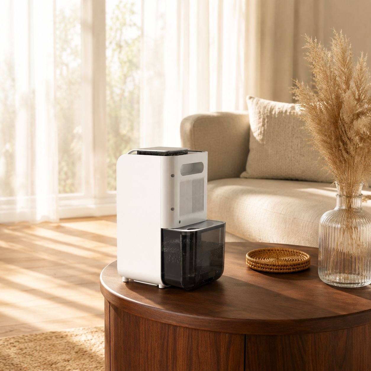 Compact dehumidifier placed on bedside table
