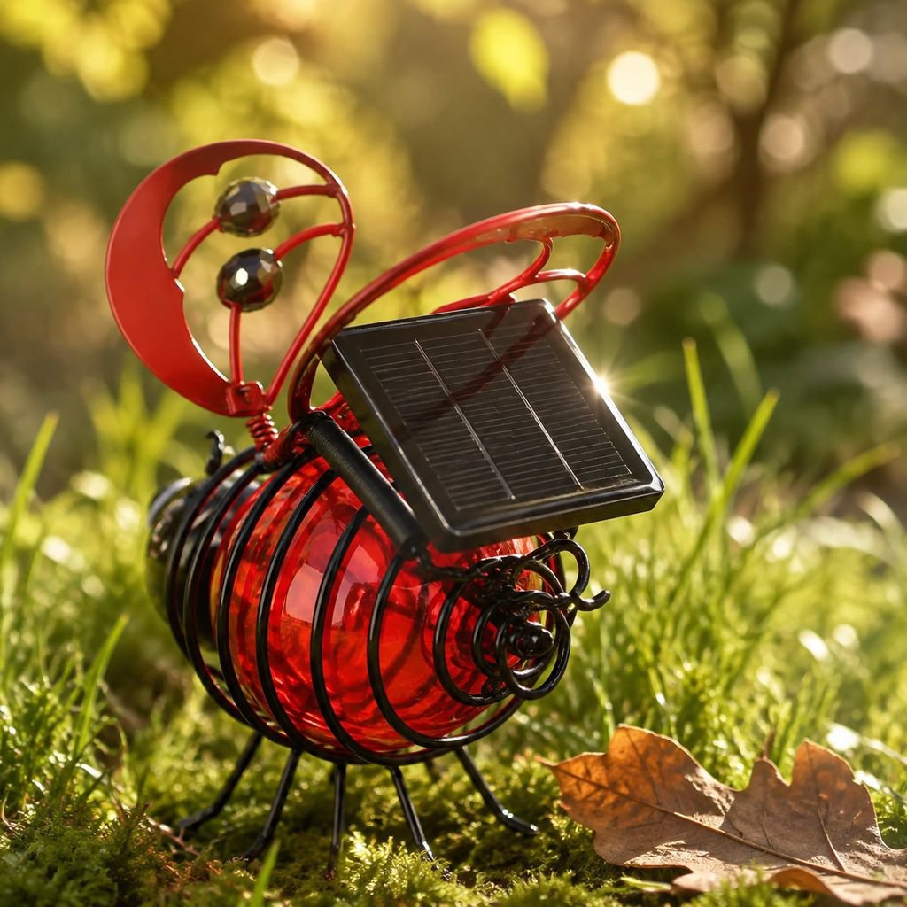 Lampe solaire abeille illuminant une allée de jardin