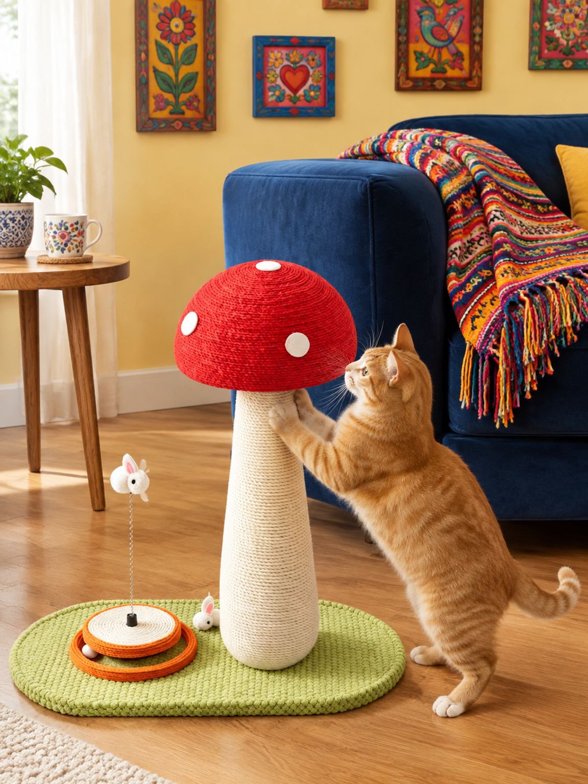 Detalle de la base de yute del rascador para gatos