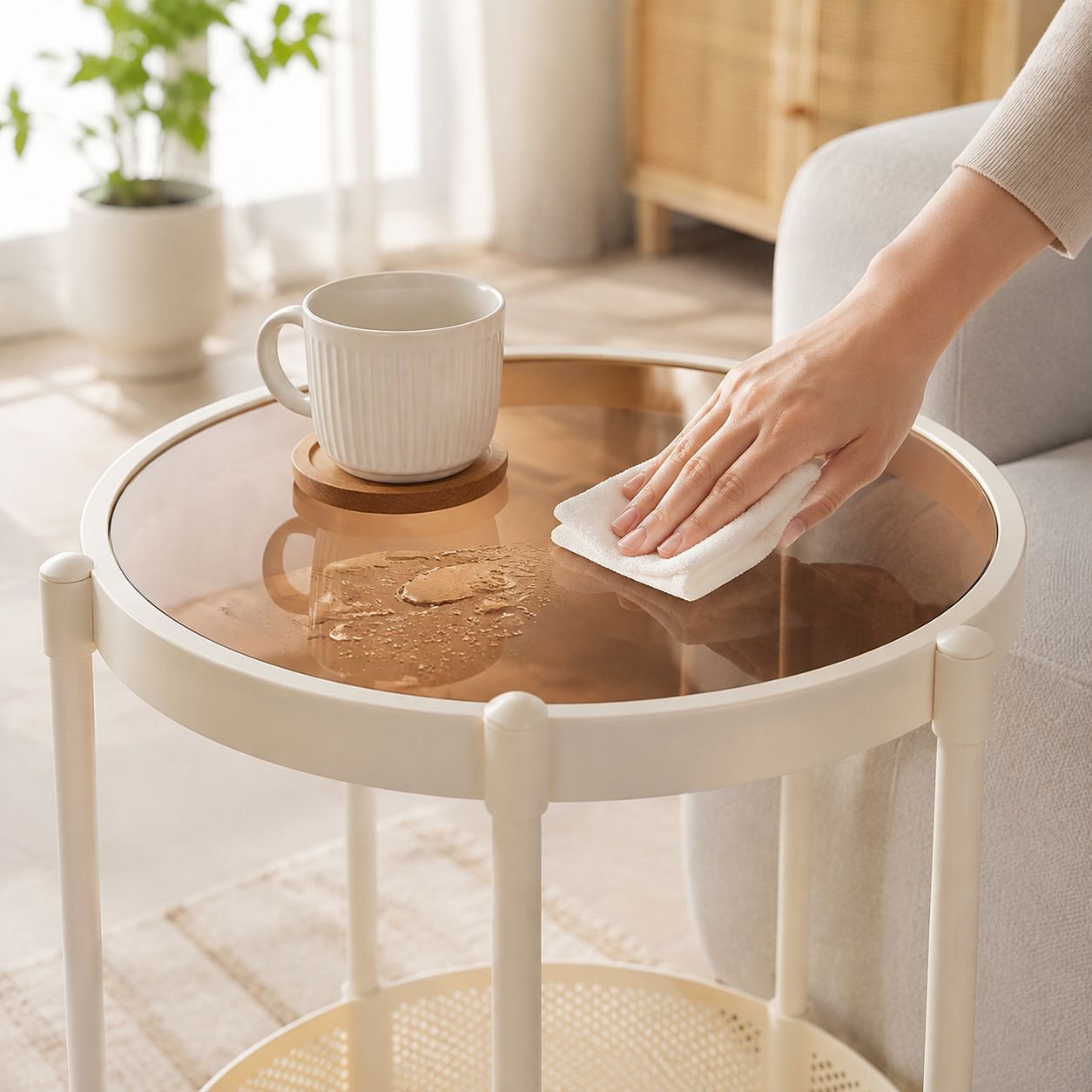 French light luxury movable glass coffee table in modern living room