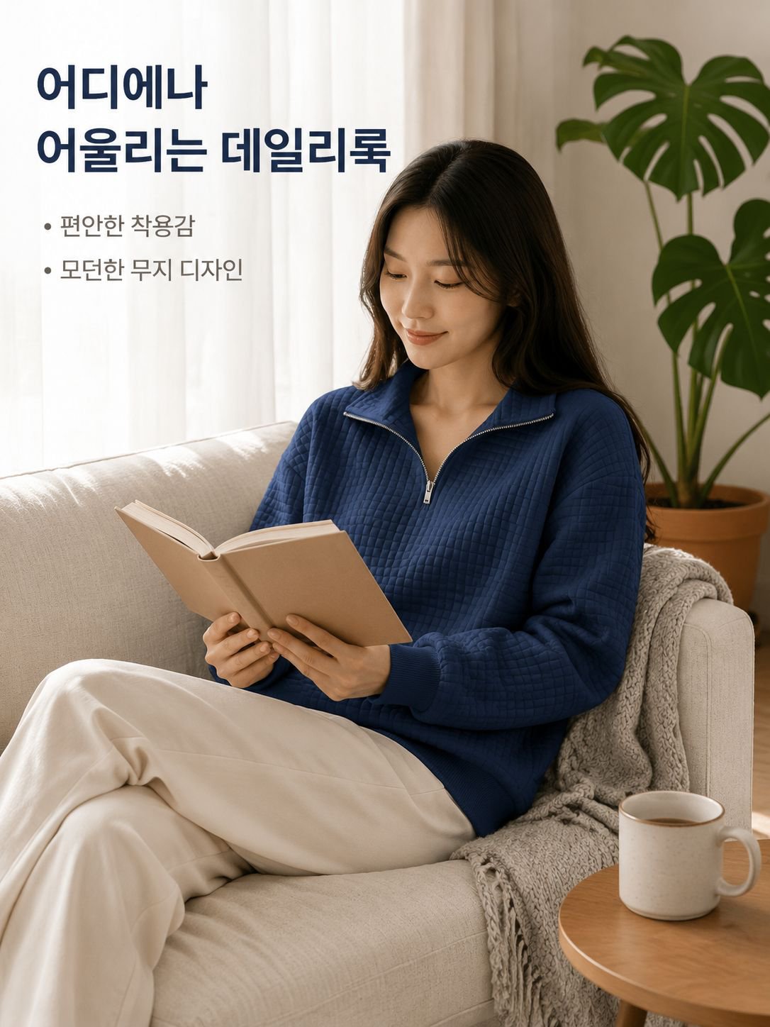 편안하고 여유로운 와플 패턴의 무지 스탠드 칼라 지퍼 긴팔 배색 여성용 맨투맨