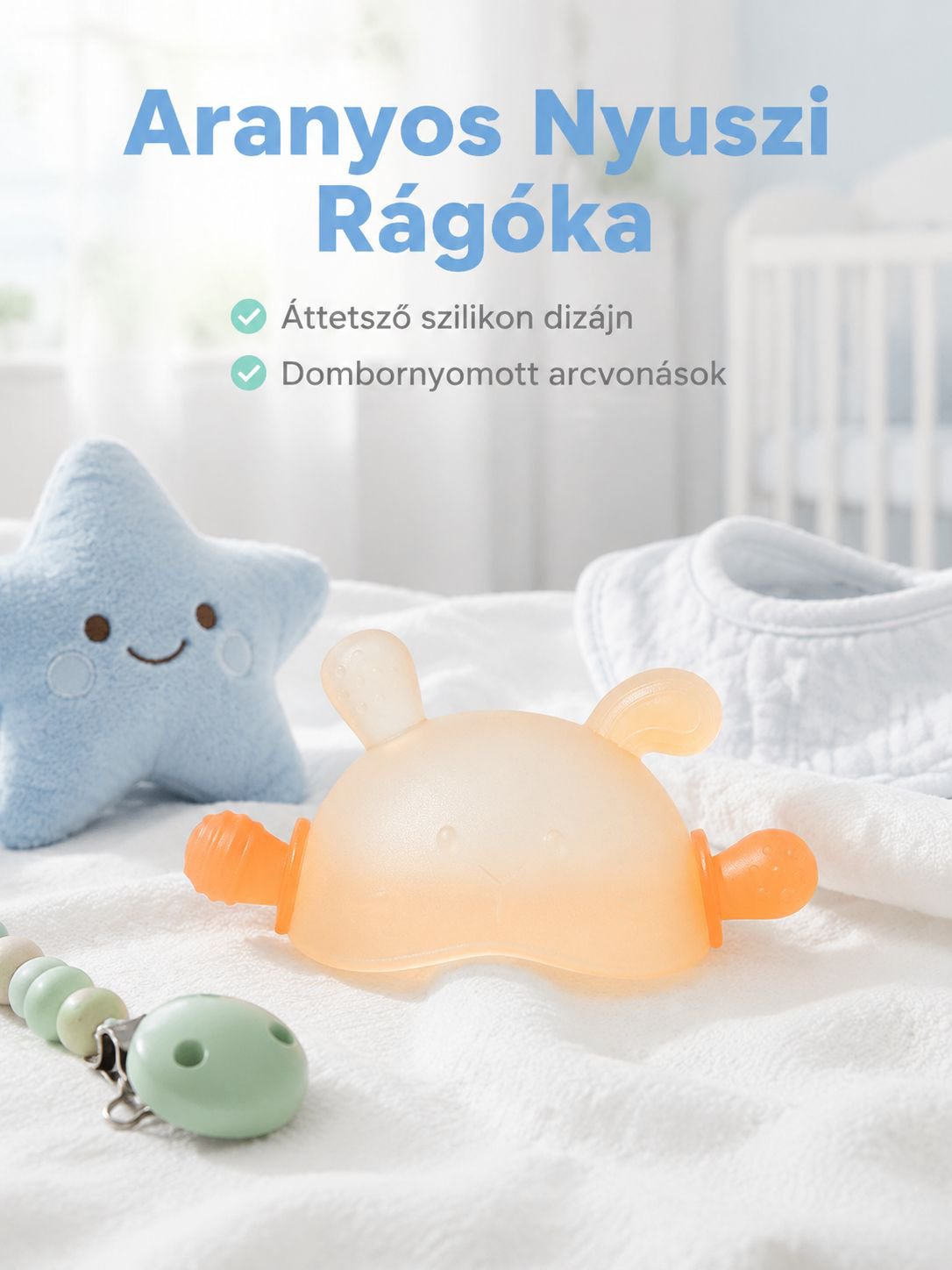 Baba kézben tartható nyuszis rágóka, csecsemőknek kézszopás elleni fogzási rágóbot