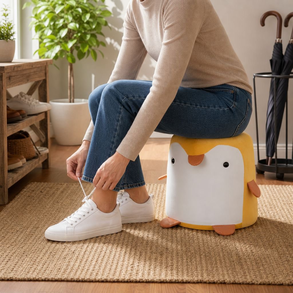 Banco de madera con diseño de excremento de pingüino para puerta