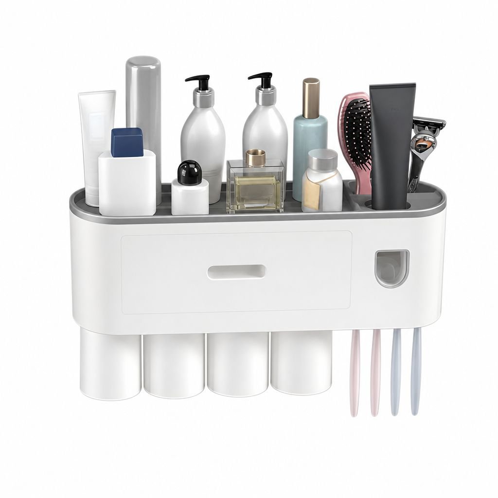 Wall-mounted Toothpaste Squeezer with Magnetic Mouthwash Cup Storage Rack