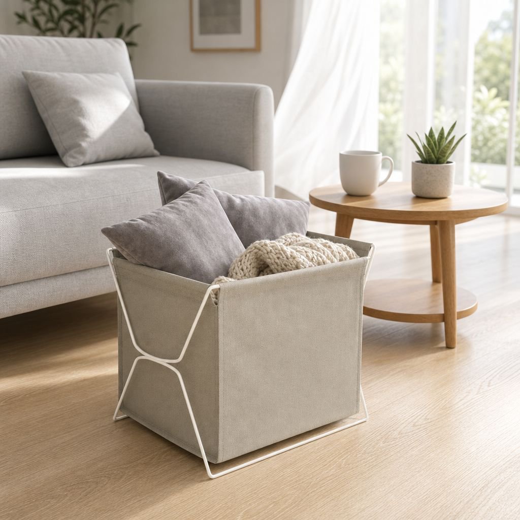 Large capacity foldable iron frame laundry basket in modern laundry room