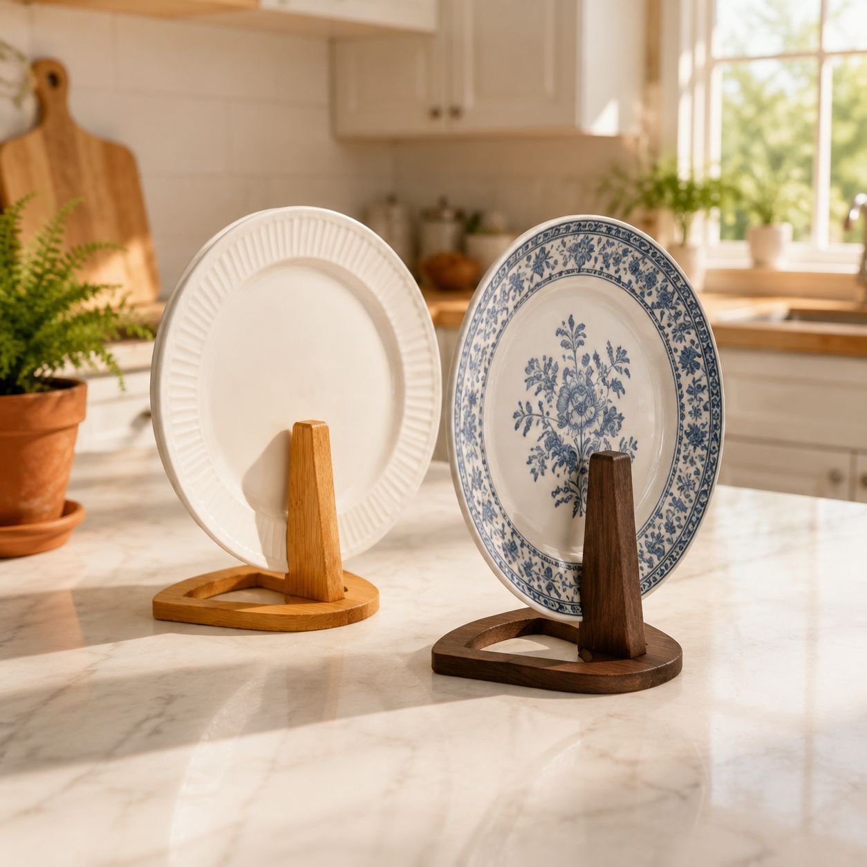 Bamboo Plate Display Stand Rack for Kitchen Storage and Organization