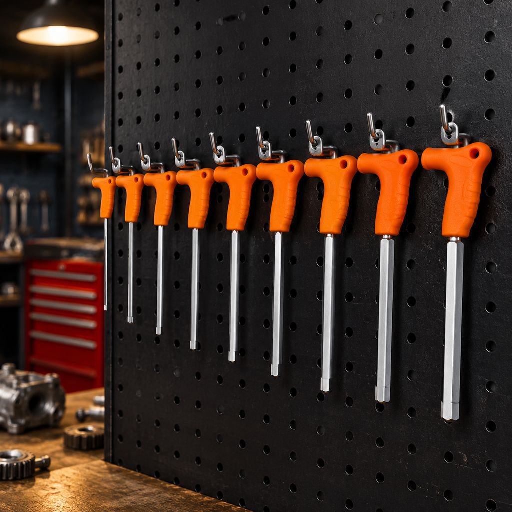Hex key wrenches in organized storage rack