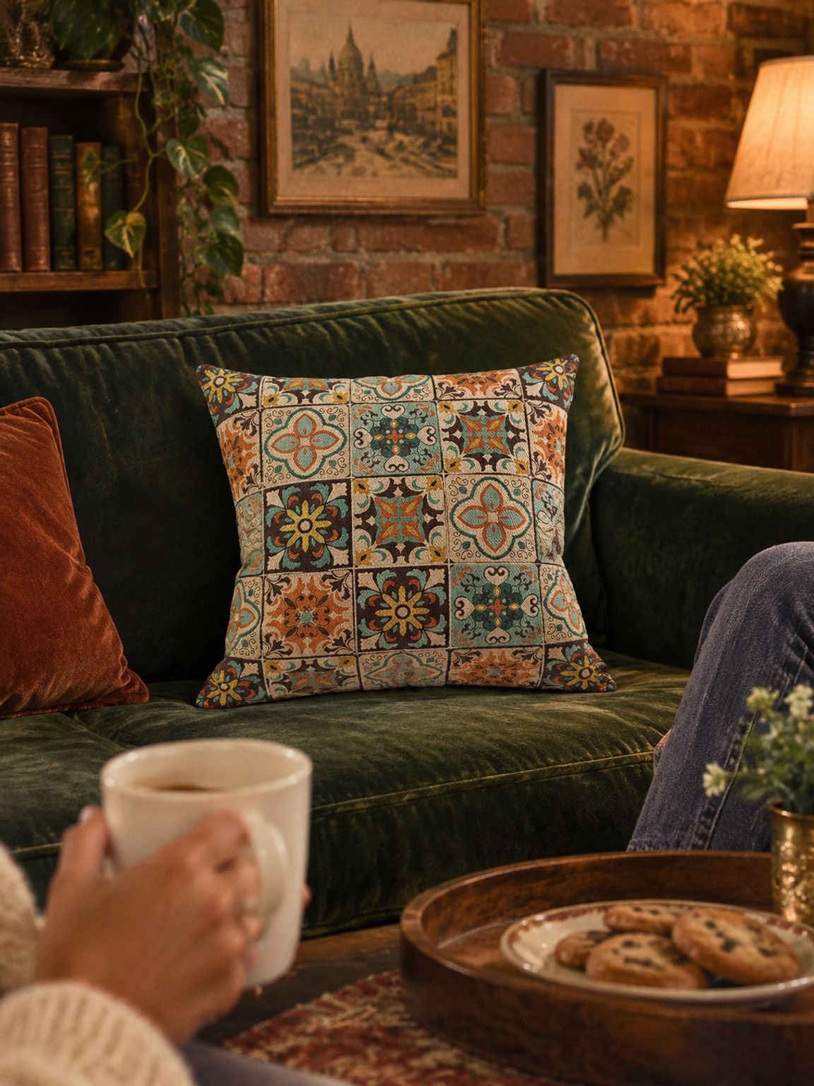 Cojín decorativo estilo boho en salón moderno