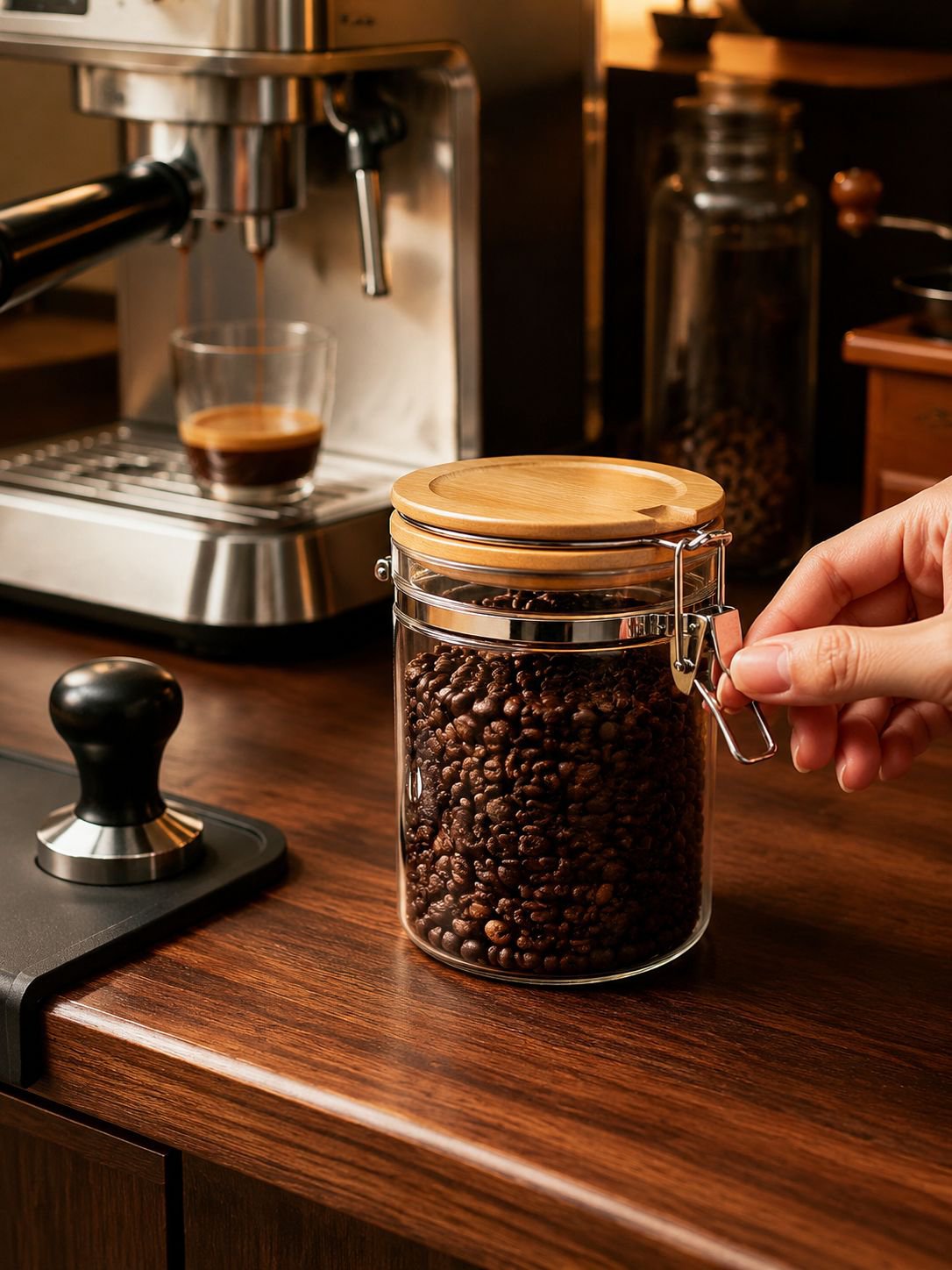 Close-up of airtight glass jar for cereals and grains
