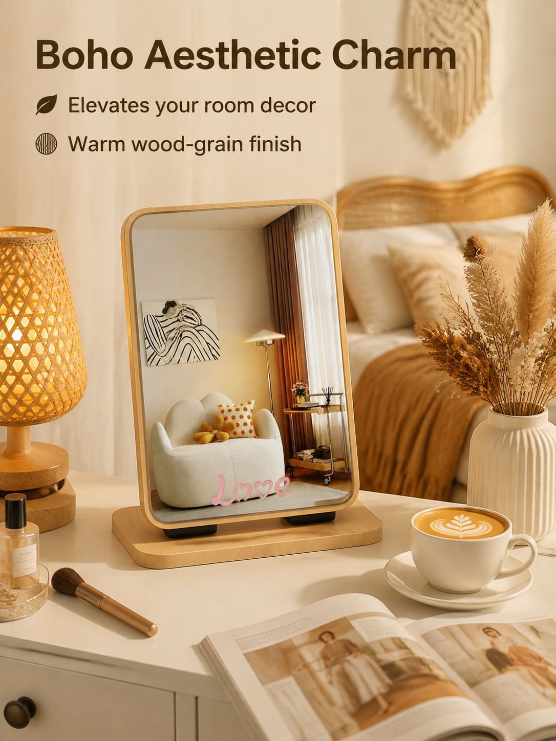 Everyday makeup mirror folded beside beauty essentials