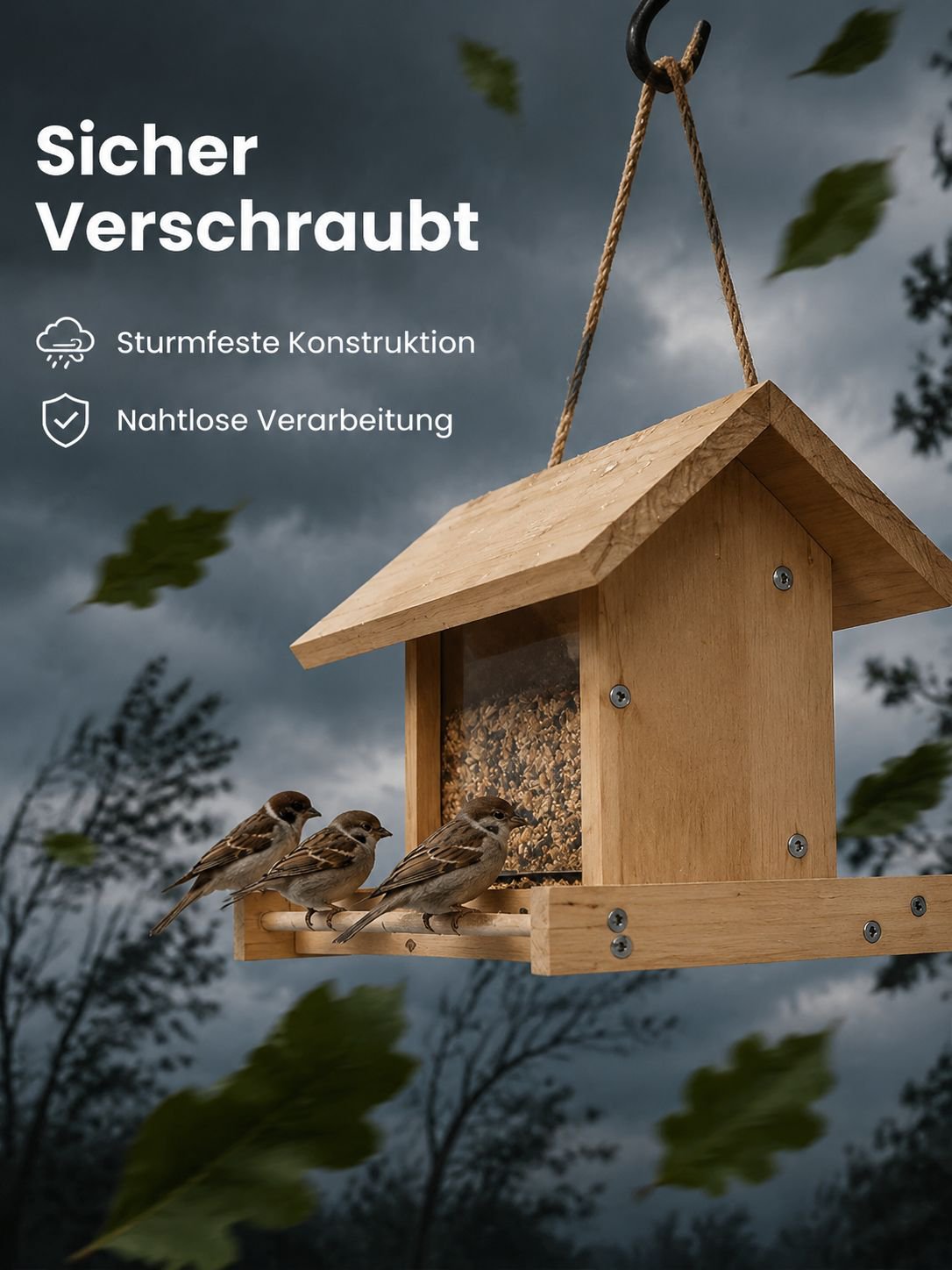 Hängende Vogelvilla aus naturbelassenem Holz