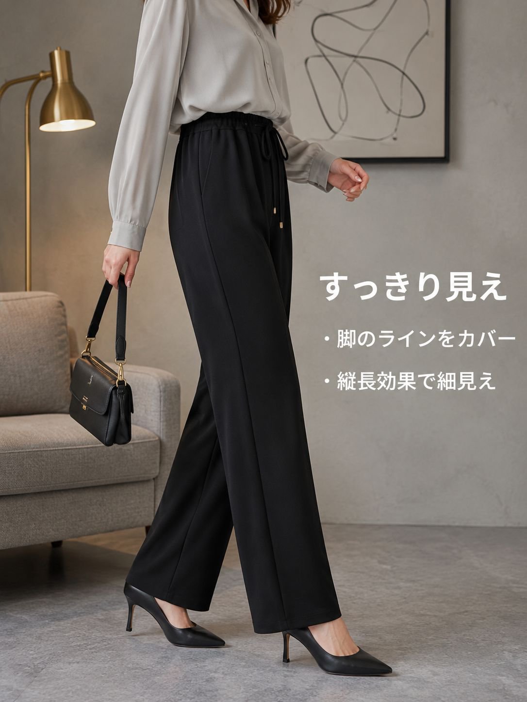 ドレープ感のあるストレートレッグのレディースカジュアルパンツ、ハイウエストのレディースカジュアルパンツ