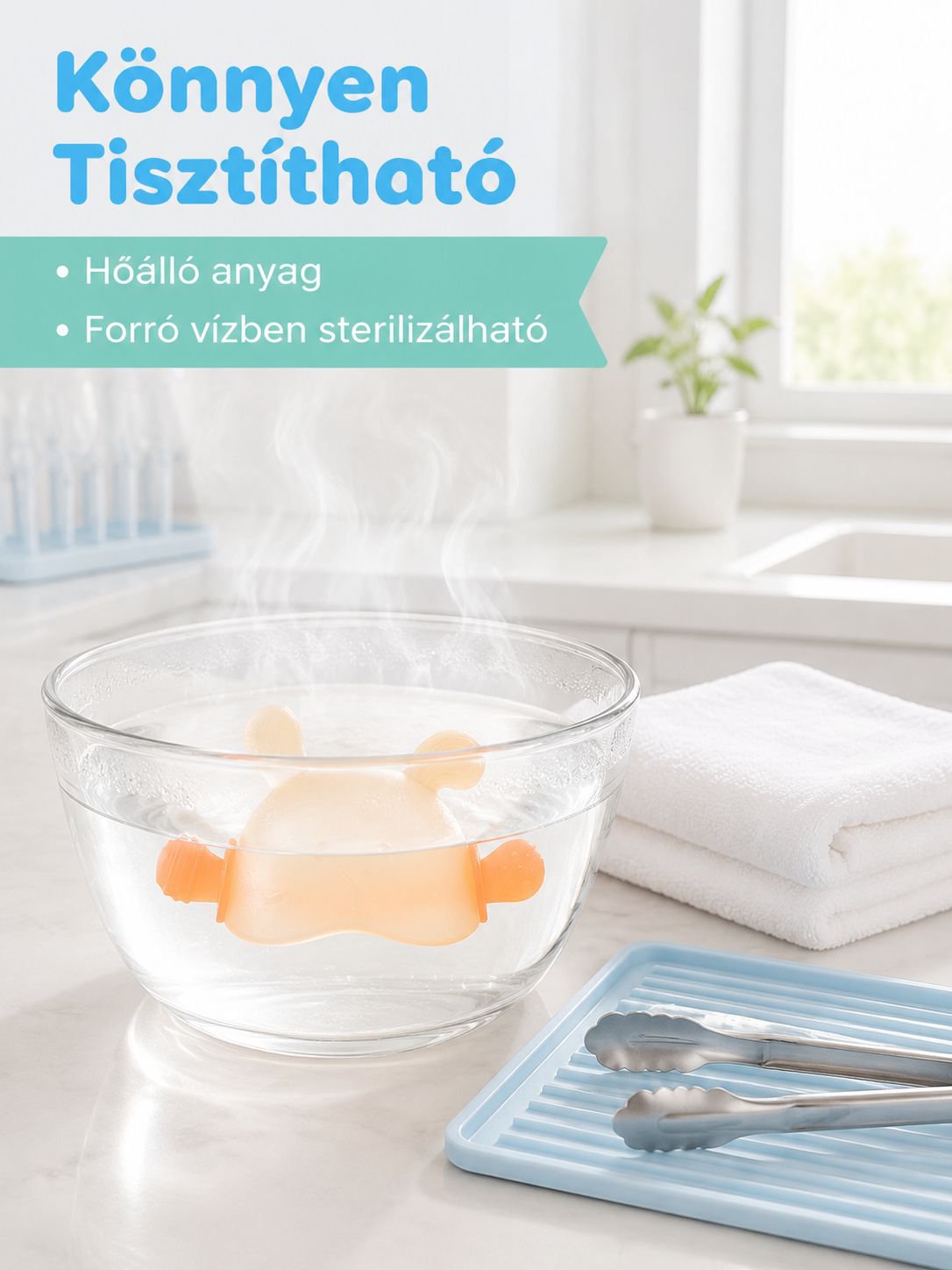 Baba kézben tartható nyuszis rágóka, csecsemőknek kézszopás elleni fogzási rágóbot