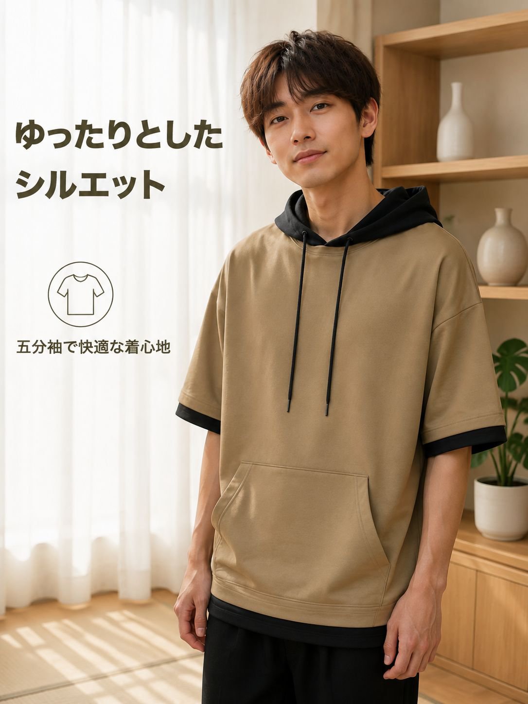 メンズゆったり五分袖フード付きTシャツ