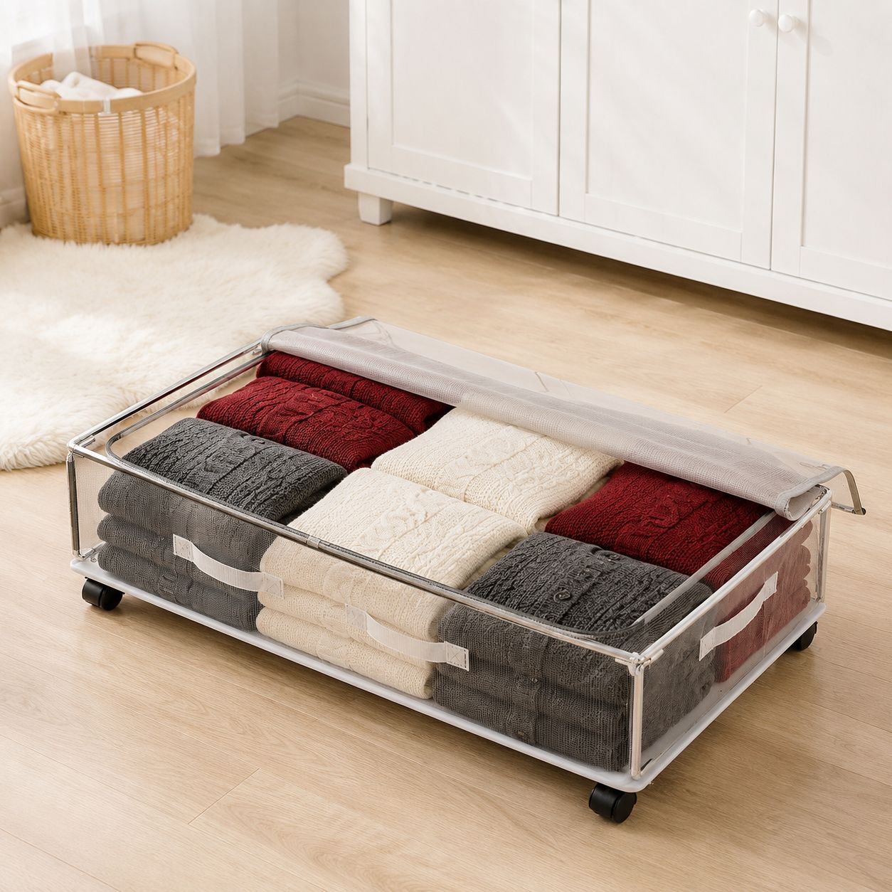 Under Bed Rolling Storage Box, Flat Transparent Moisture-Proof Large Organizer
