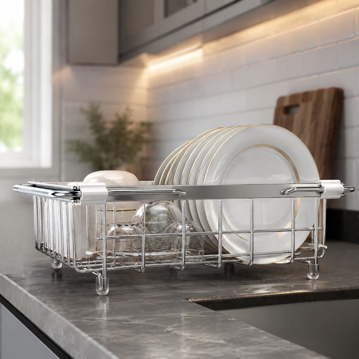 Space-saving sink organizer for dishes, utensils, and sponges