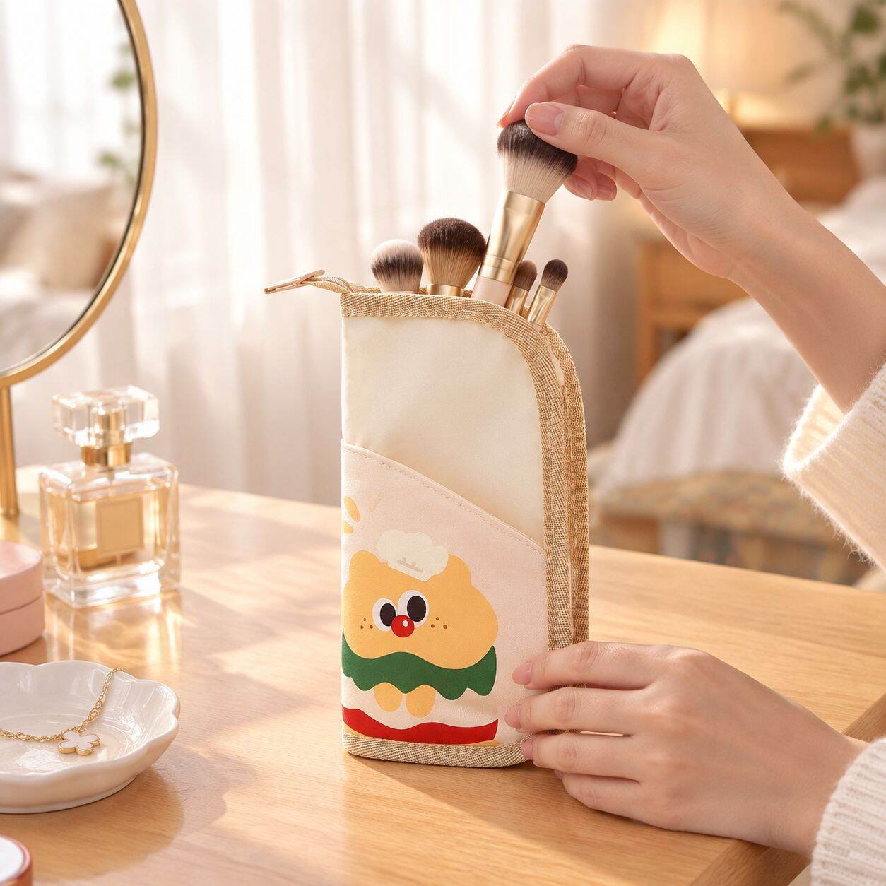 Tragbare Cartoon Make-up-Pinseltasche, für Zuhause und Reisen, Aufbewahrungstasche für Badezimmer