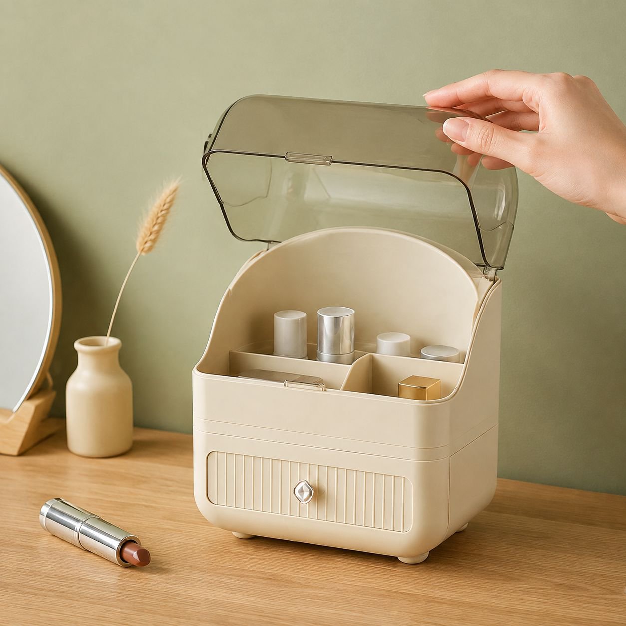 Cremefarbener Beauty Organizer mit mehreren Fächern