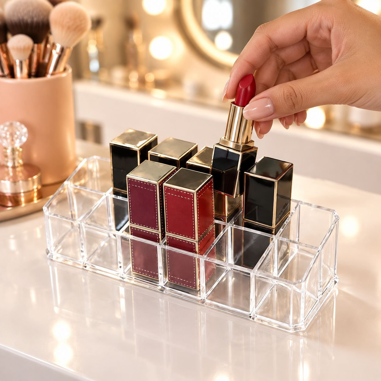 Organizador de labiales transparente con múltiples compartimentos