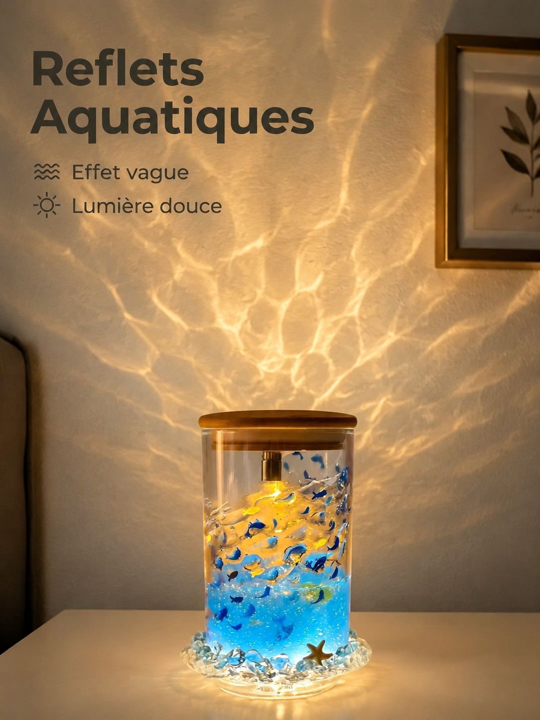 Veilleuse lumineuse apaisante bleue avec petits poissons flottants