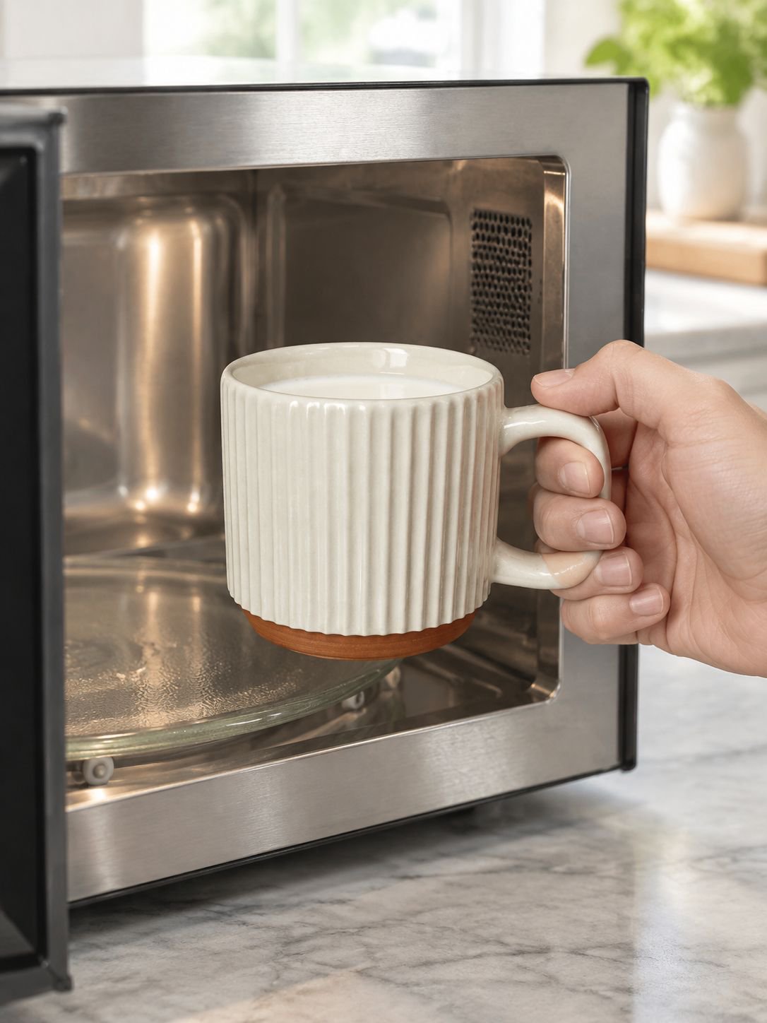 Taza de cerámica beige con rayas verticales en relieve