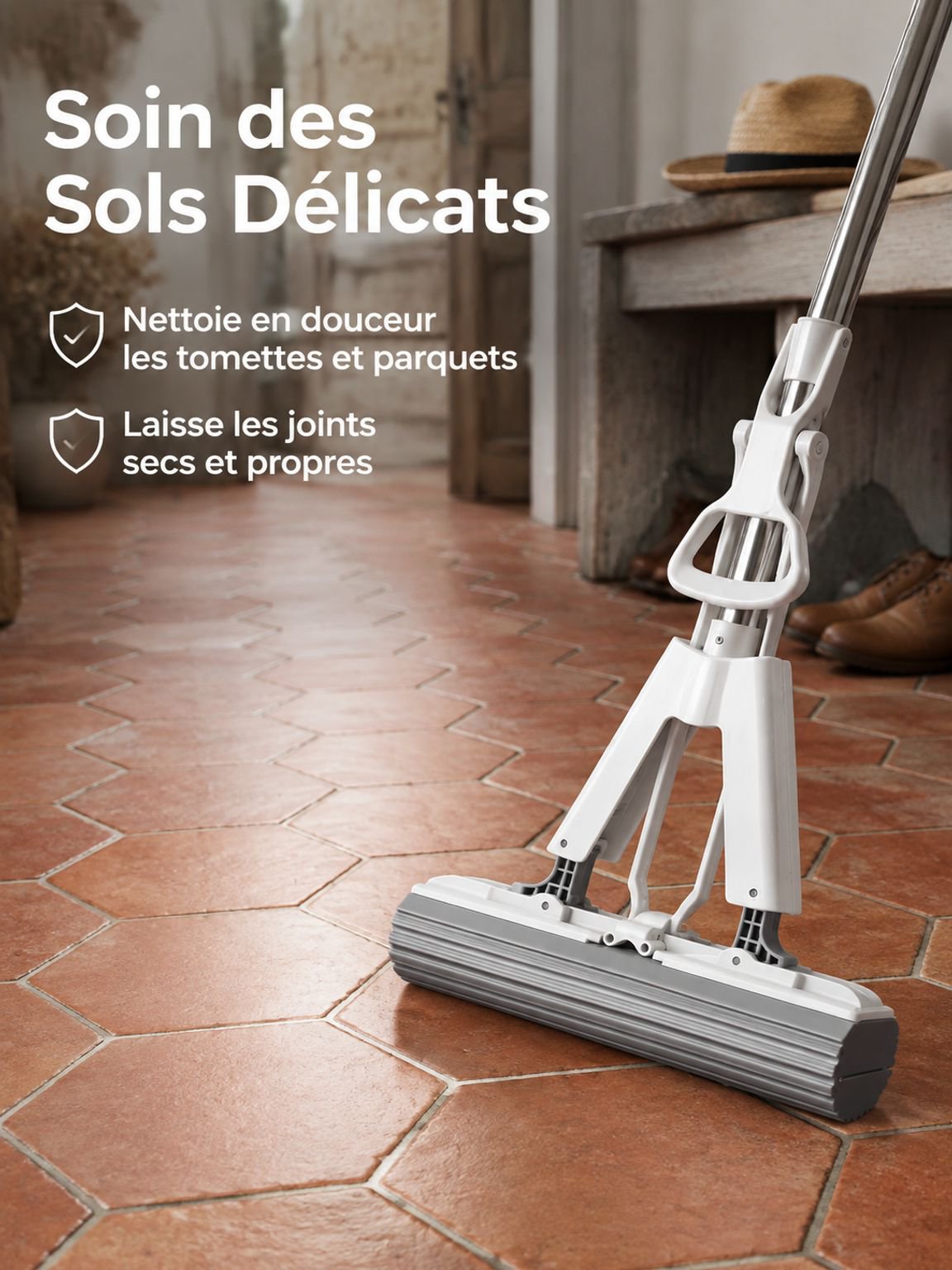 Serpillière éponge pliable en action sur un sol mouillé