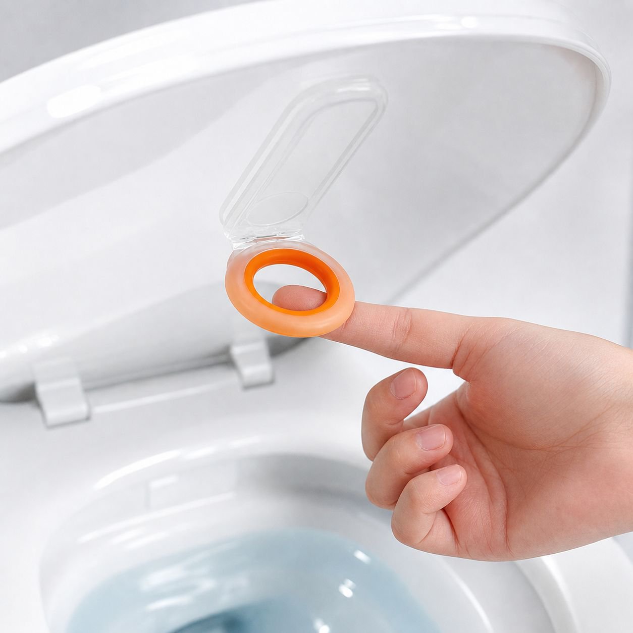Adhesive Toilet Seat Lifter attached to toilet lid