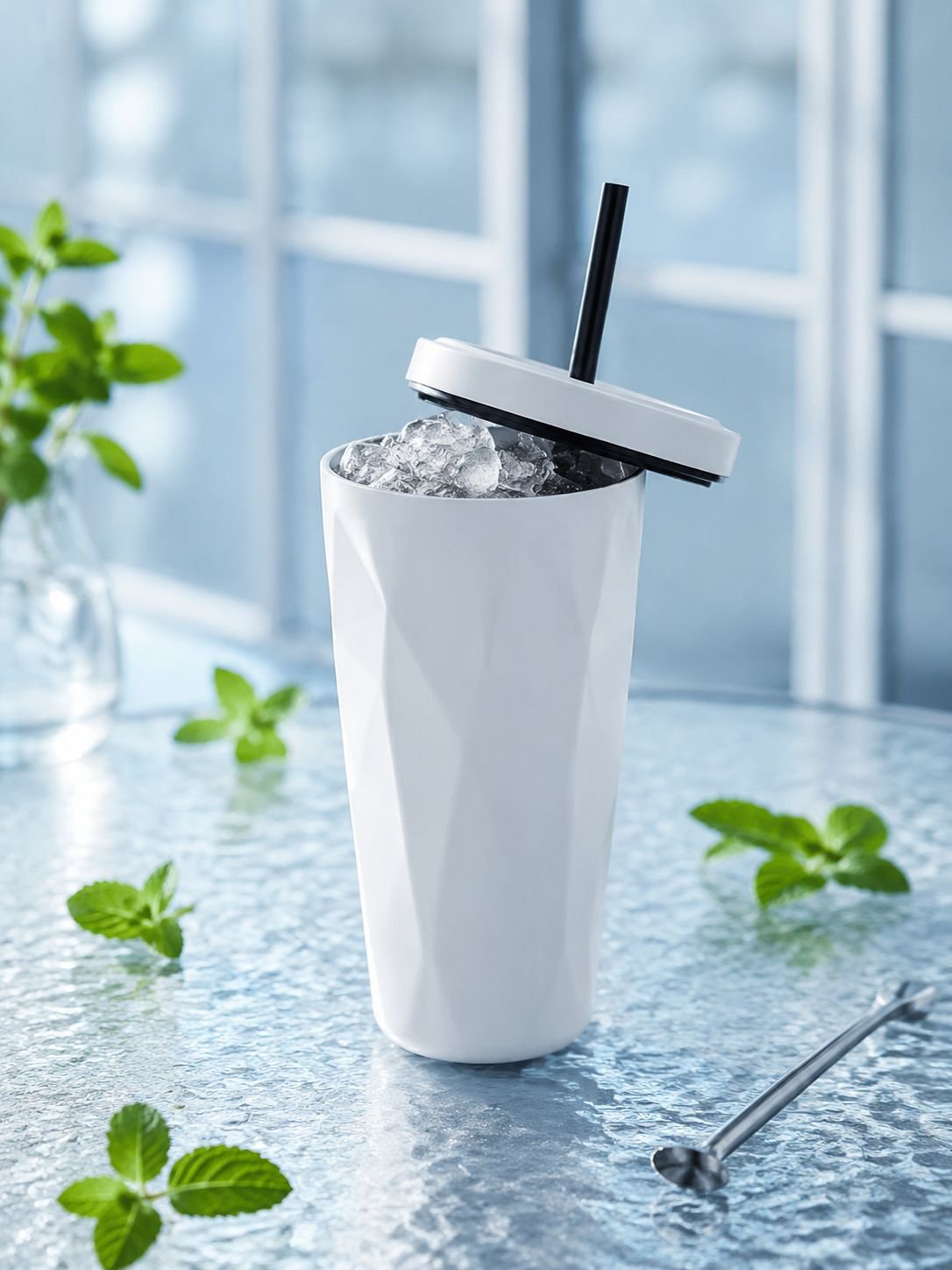 Gobelet isotherme en forme de diamant avec paille pour boissons fraîches