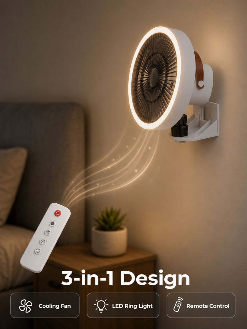 Wall Mounted Fan No-Drill with LED Light 3-in-1 Remote Wireless Auto Oscillation