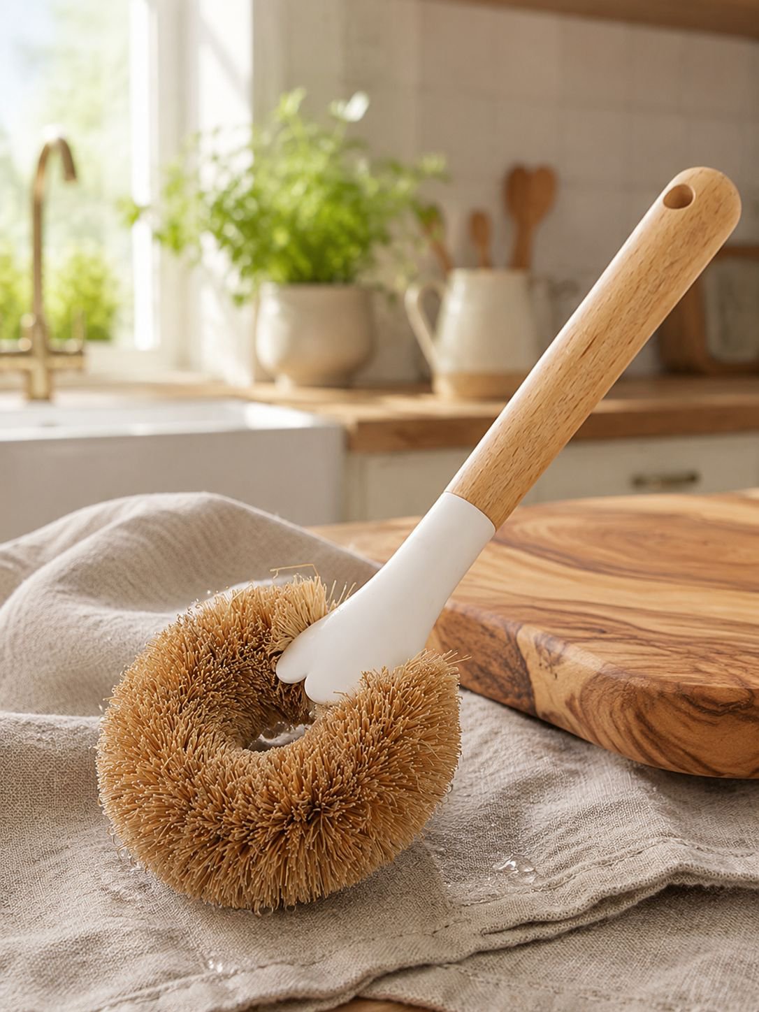 Coconut fiber brush with ergonomic handle for powerful cleaning