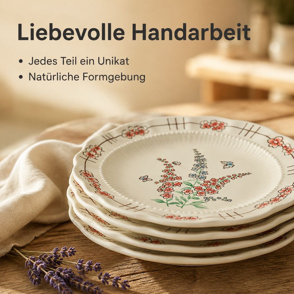 Keramik-Geschirrset im rustikalen Vintage-Landhausstil mit Unterglasurdekoration