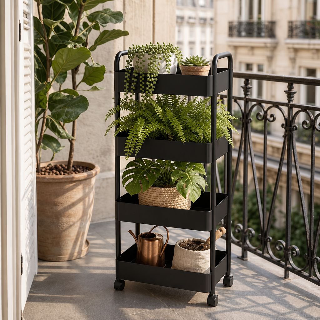 Vue latérale du chariot de rangement en plastique