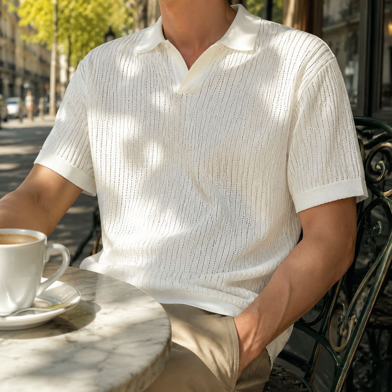Polo en maille ajourée pour homme à col en V en soie glacée, manches courtes