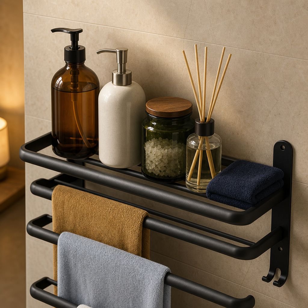 Space-saving bathroom towel rack holding towels