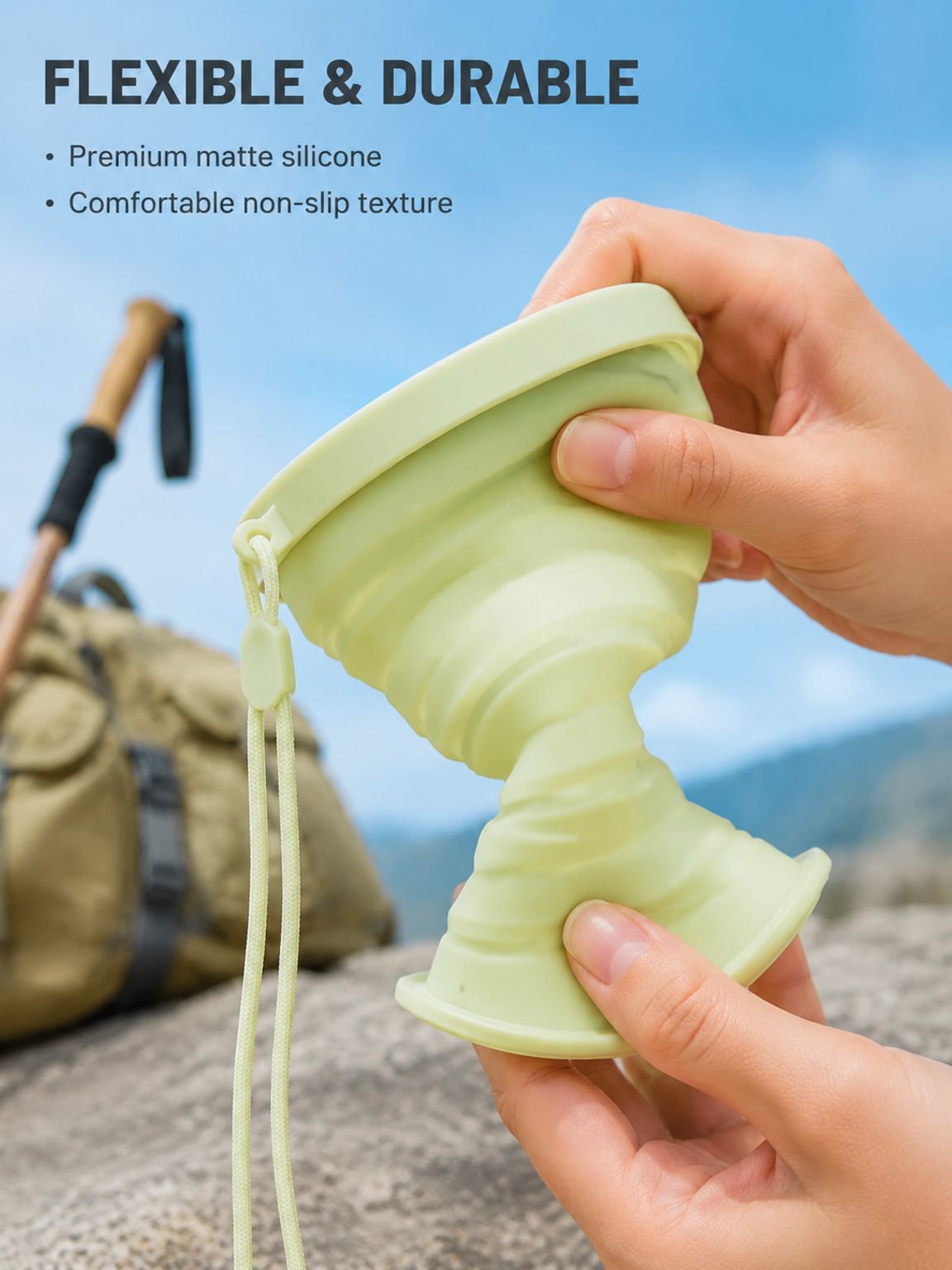 Reusable food grade silicone cup for camping hiking and everyday hydration