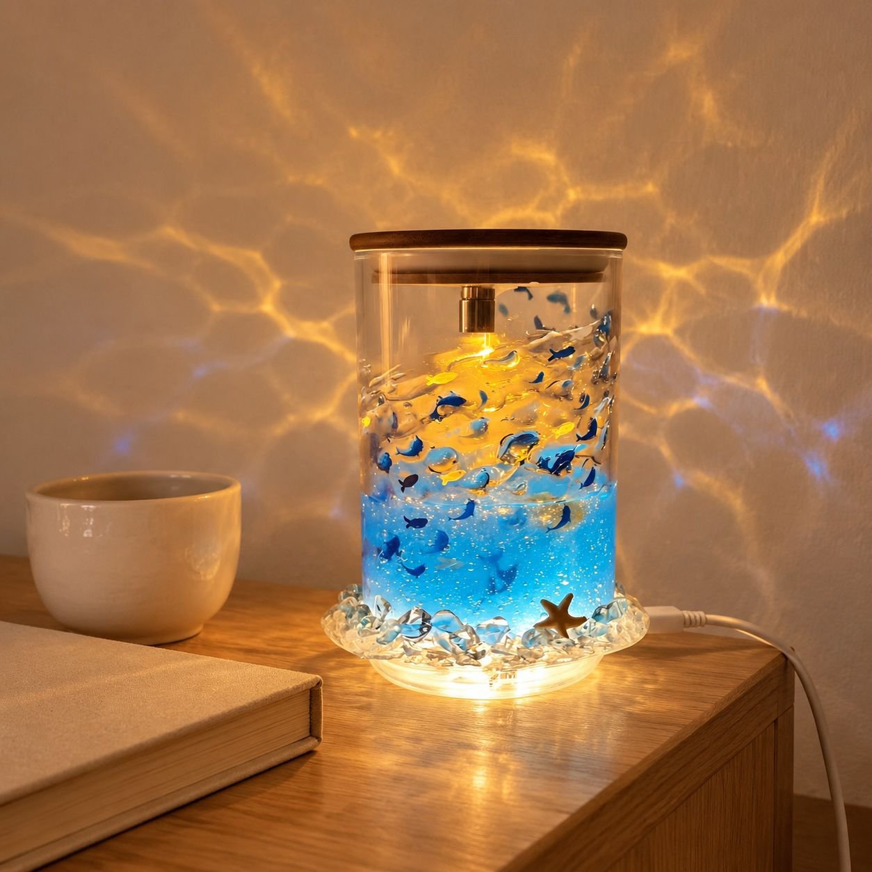 Veilleuse lumineuse apaisante bleue avec petits poissons flottants