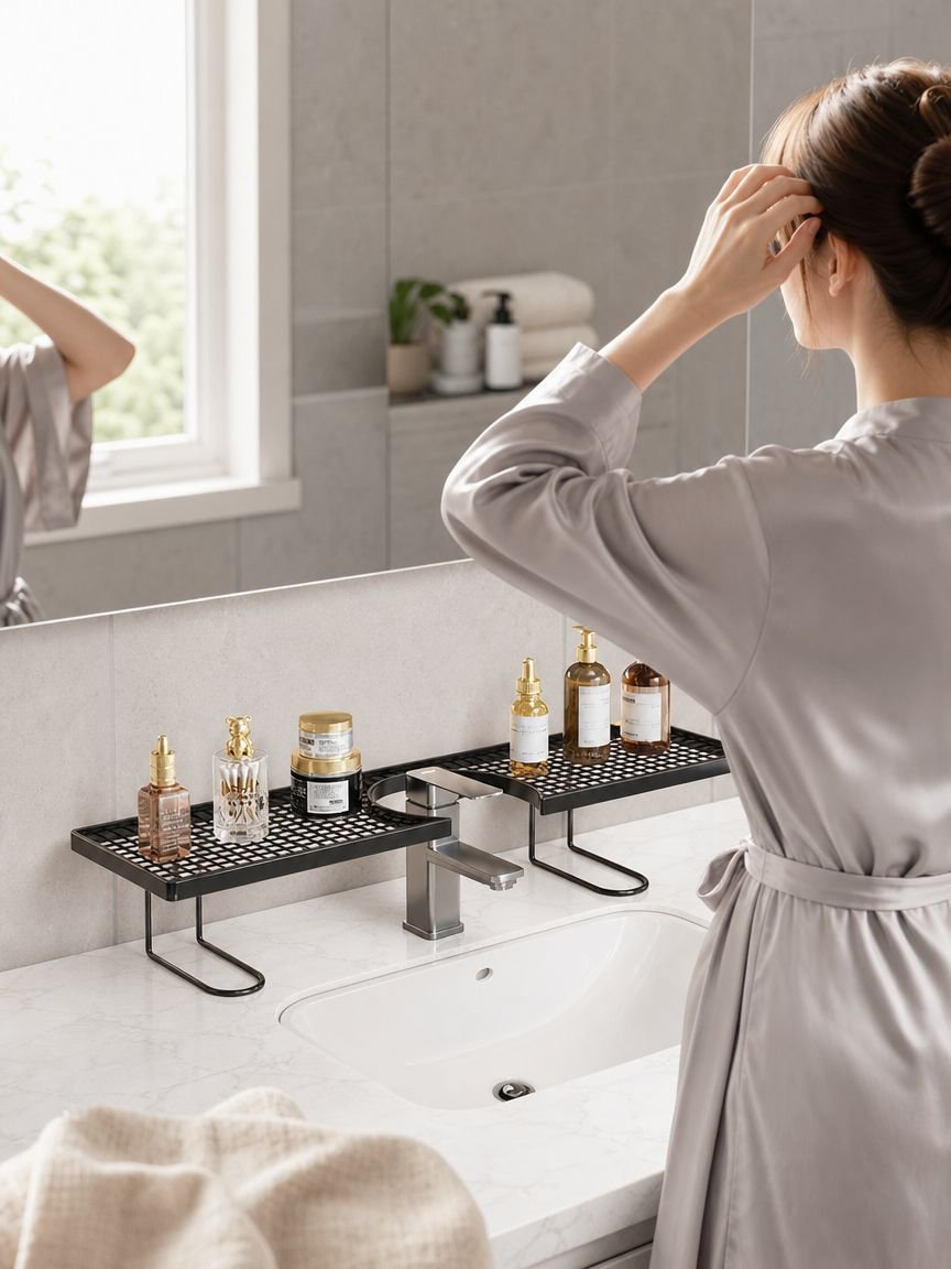 Minimalist luxury bathroom vanity shelf with modern washbasin