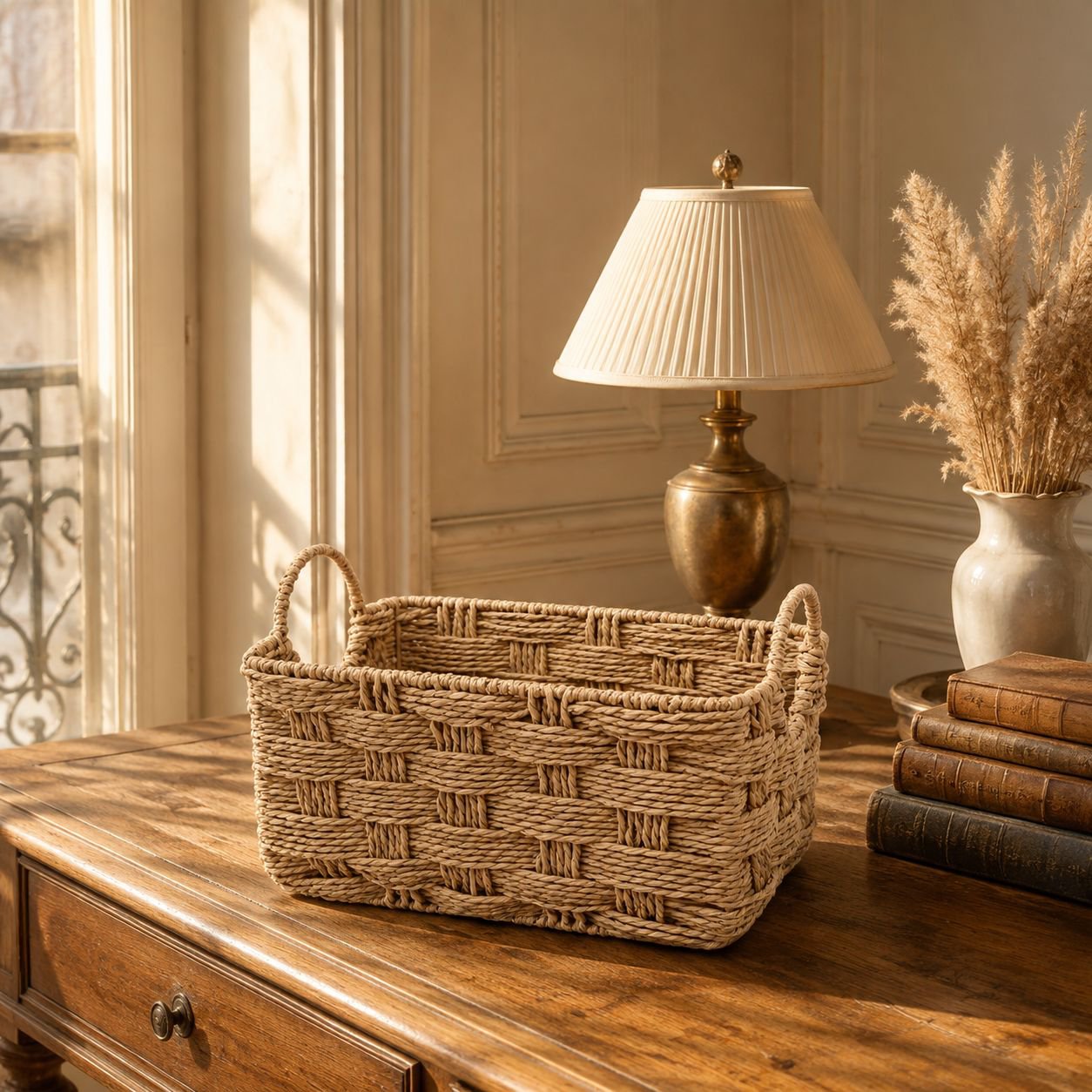 Corbeille de rangement tressée à la main sur un bureau moderne