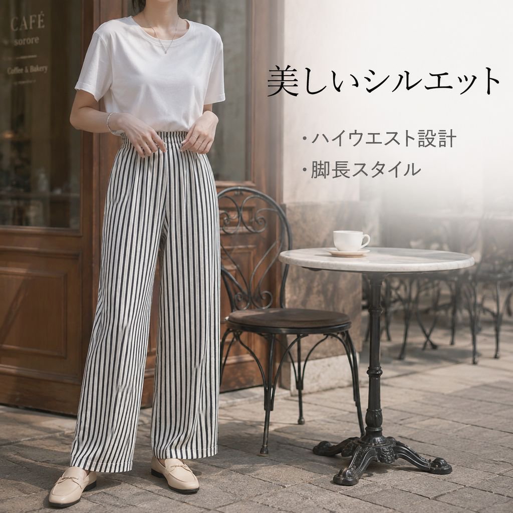 レディース ハイウエスト黒白ストライプストレートワイドパンツ