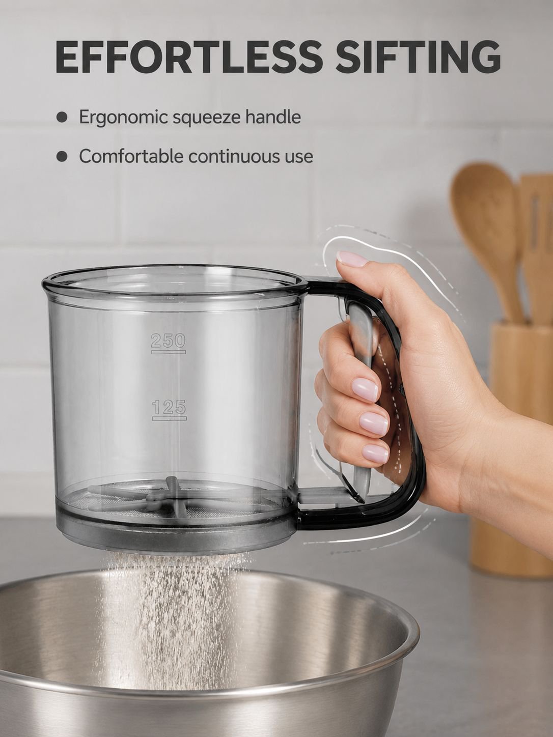 Semi-automatic flour sieve for sifting flour evenly