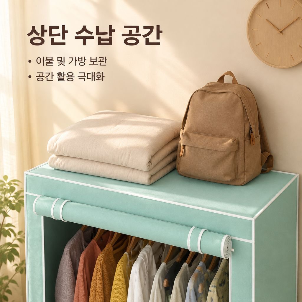 두껍고 보강된 강철 파이프를 사용한 1인용 패브릭 옷장.